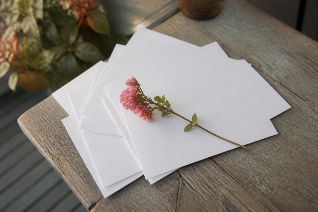 Cartes blanches avec poeme ecrit main et fleur