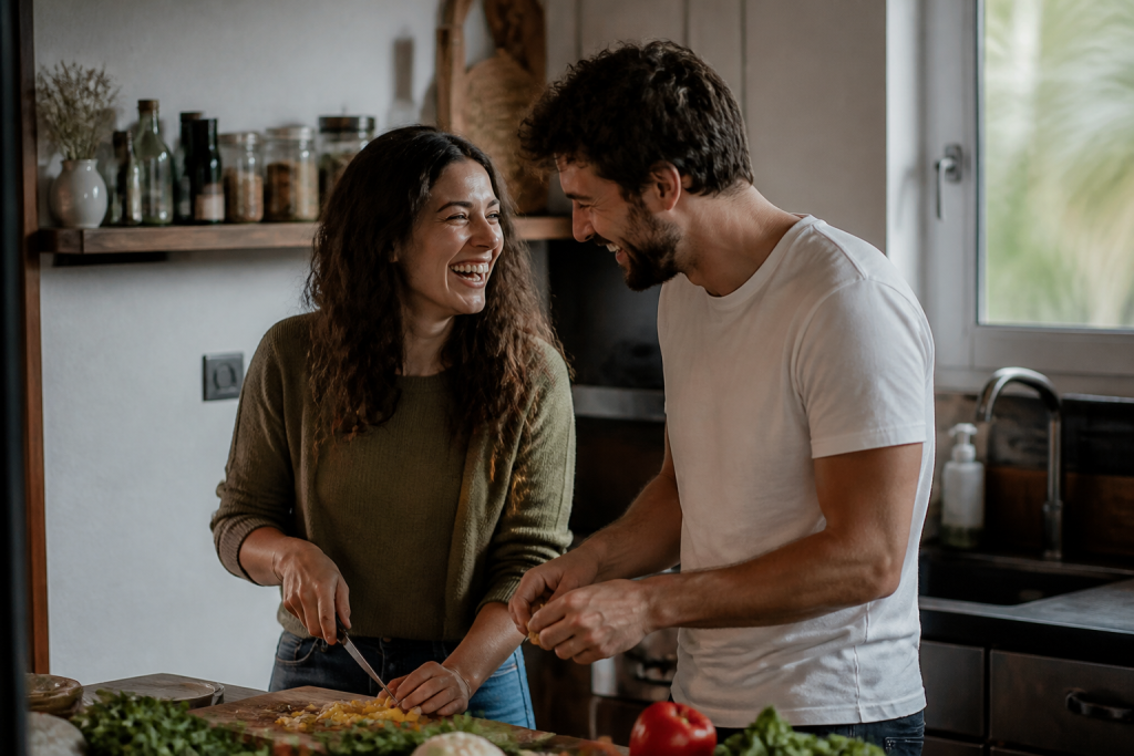 Couple riant dans cuisine partageant moment culinaire ensemble